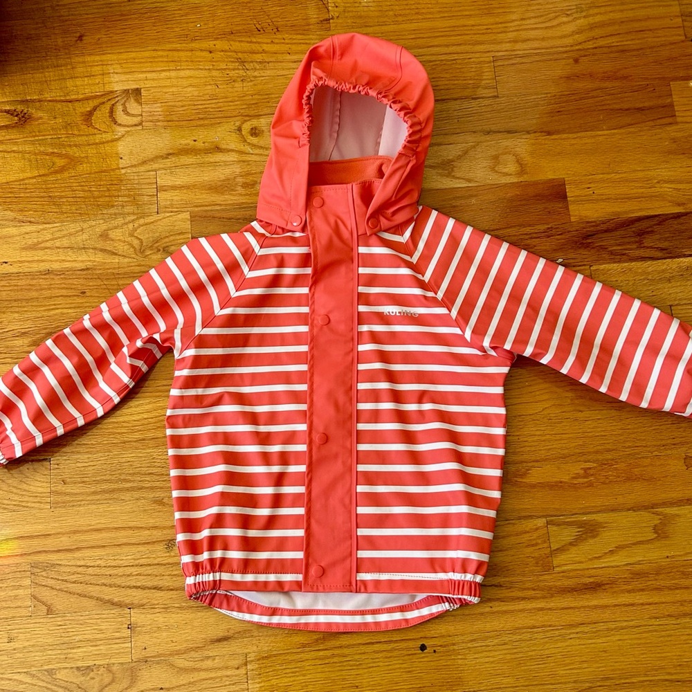 Kuling Kids Raincoat - Coral and White Stripes, 4T